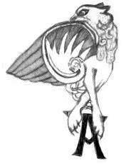 The tattoo in all its glory. A creature with elegantly crossed front legs, paws with rather long claws, a wing covering where most of its body should be, and its blunt-nosed head turned back to look along the wing. The overall style is highly decorated with numerous curls and flourishes.